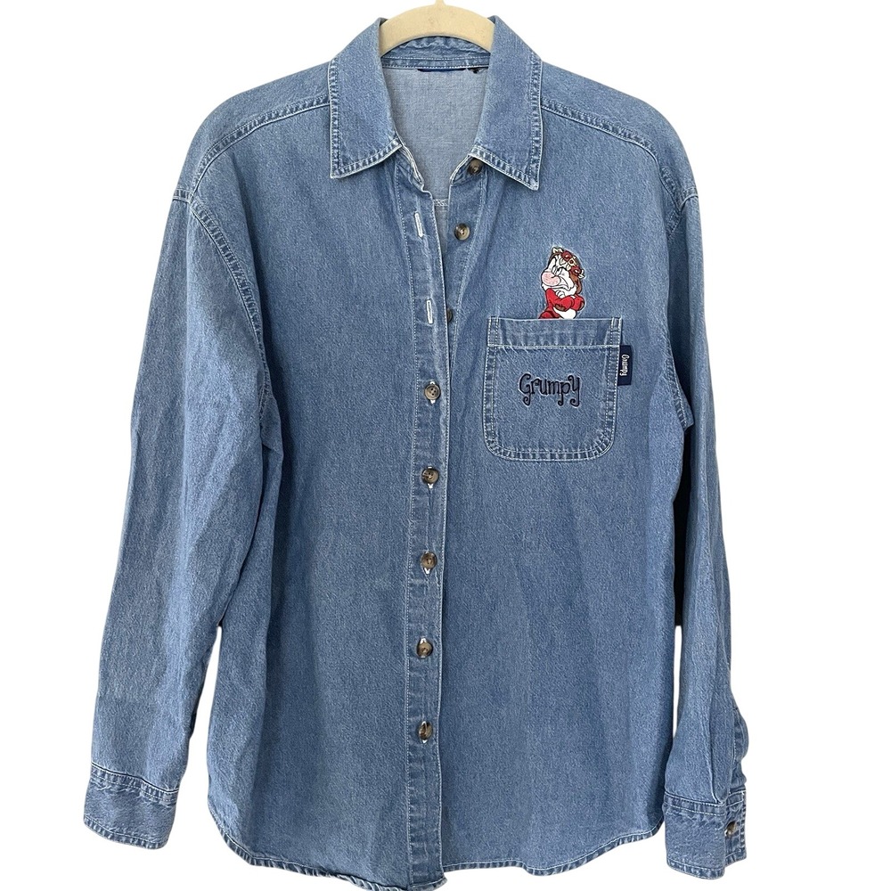 Vintage 90s Disney‎ Embroidered Denim Shirt Grumpy Wearing Flower Crown Womens L